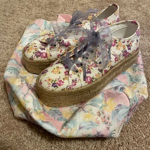 Superga love shack fancy espadrille floral sneakers with purple laces pink